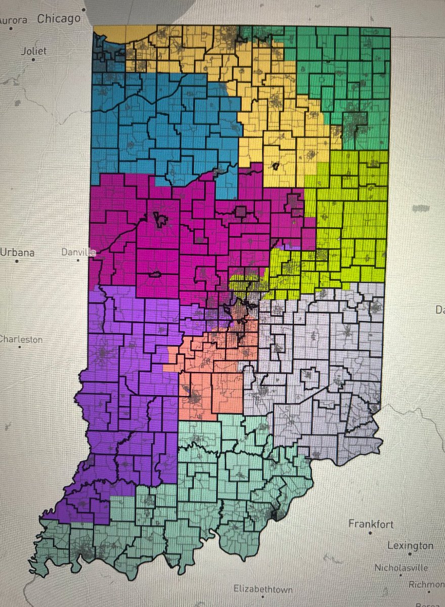 Is it possible for Indiana to redraw its Congressional maps to be 9-0? It will be very tough.

This is a 9-0 Republican map that works, but 2 of the 9 seats only have a 51-49 advantage — tossups.

Even if they carve Indy into 6 districts, the GOP will still have very close seats.