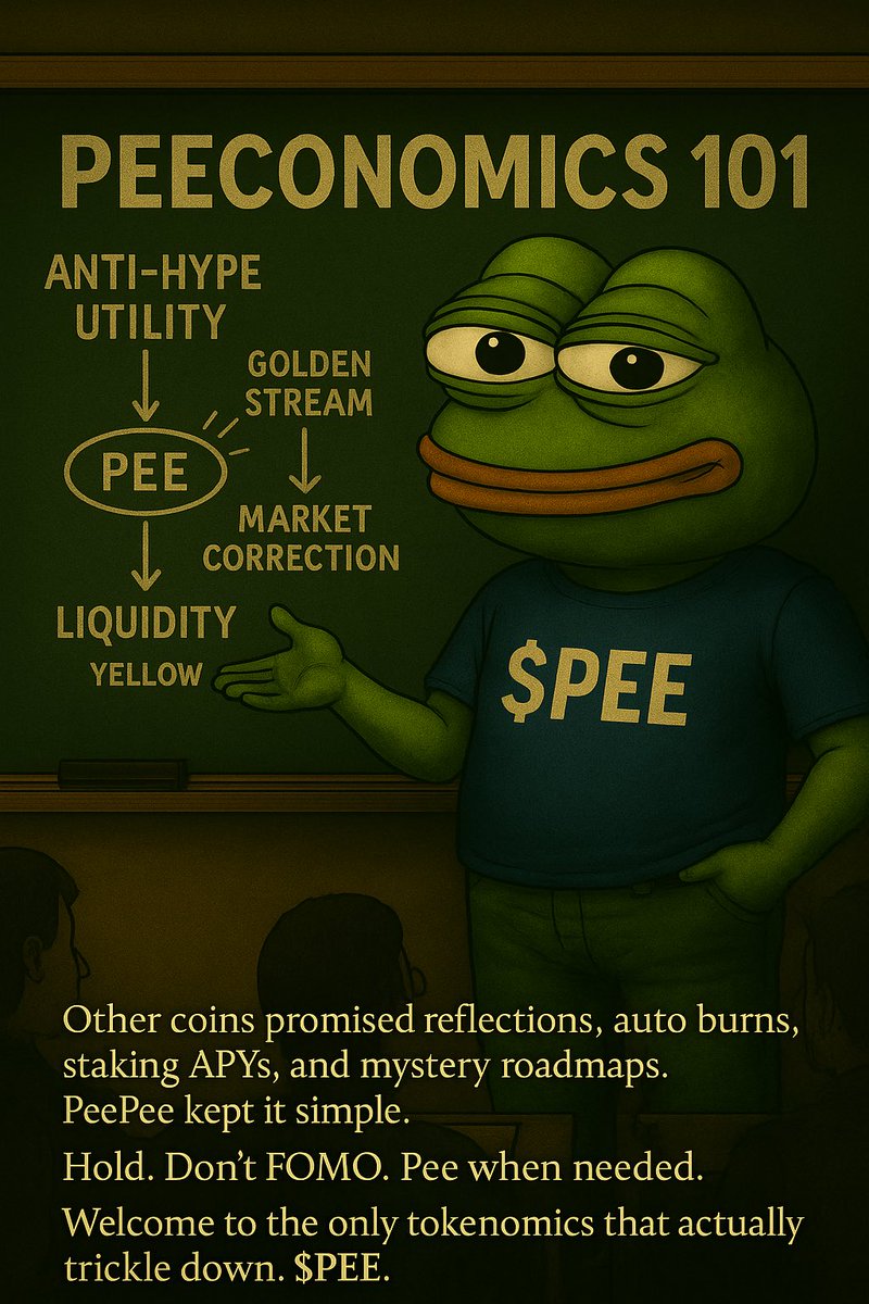 Pee_PeeCoin's tweet photo. 📚 PEEconomics 101 – Forget overcomplicated tokenomics. $PEE keeps it simple:
💛 Anti-hype utility
💛 Market correction when needed
💛 Liquidity that’s always yellow
Hold strong, dodge FOMO, and join the only project where the gains trickle down. 🚀🐸💦

#PEEcoin #meme #nofomo https://t.co/bNijTbXRvu