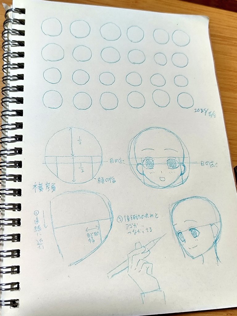今日も自由帳でリハビリよ〜〜
昨日同様とにかく丸を描く練習と、昨日上手くいかなかった顔をそれっぽく描くやつに再チャレンジ　特徴をよく見て読んで描いたら上手く行った　斜め顔にも挑戦した
それっぽく描くコツの本　すげえ……！