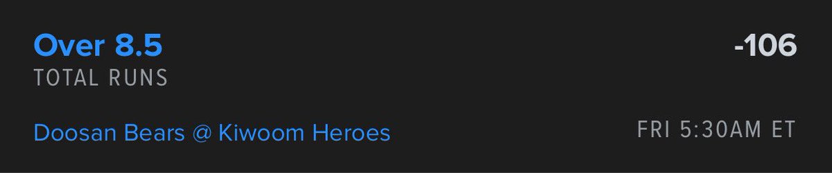 💥WAKE AND CASH ALERT💥
🇰🇷 KBO 🔒 
🐻Doosan Bears v Kiwoom Heroes🦸‍♂️
O8.5 Total Runs🏃
Collab w <a href="/eaton_beav/">Eaton Beaver</a> 

#KBO #WakeandCash
