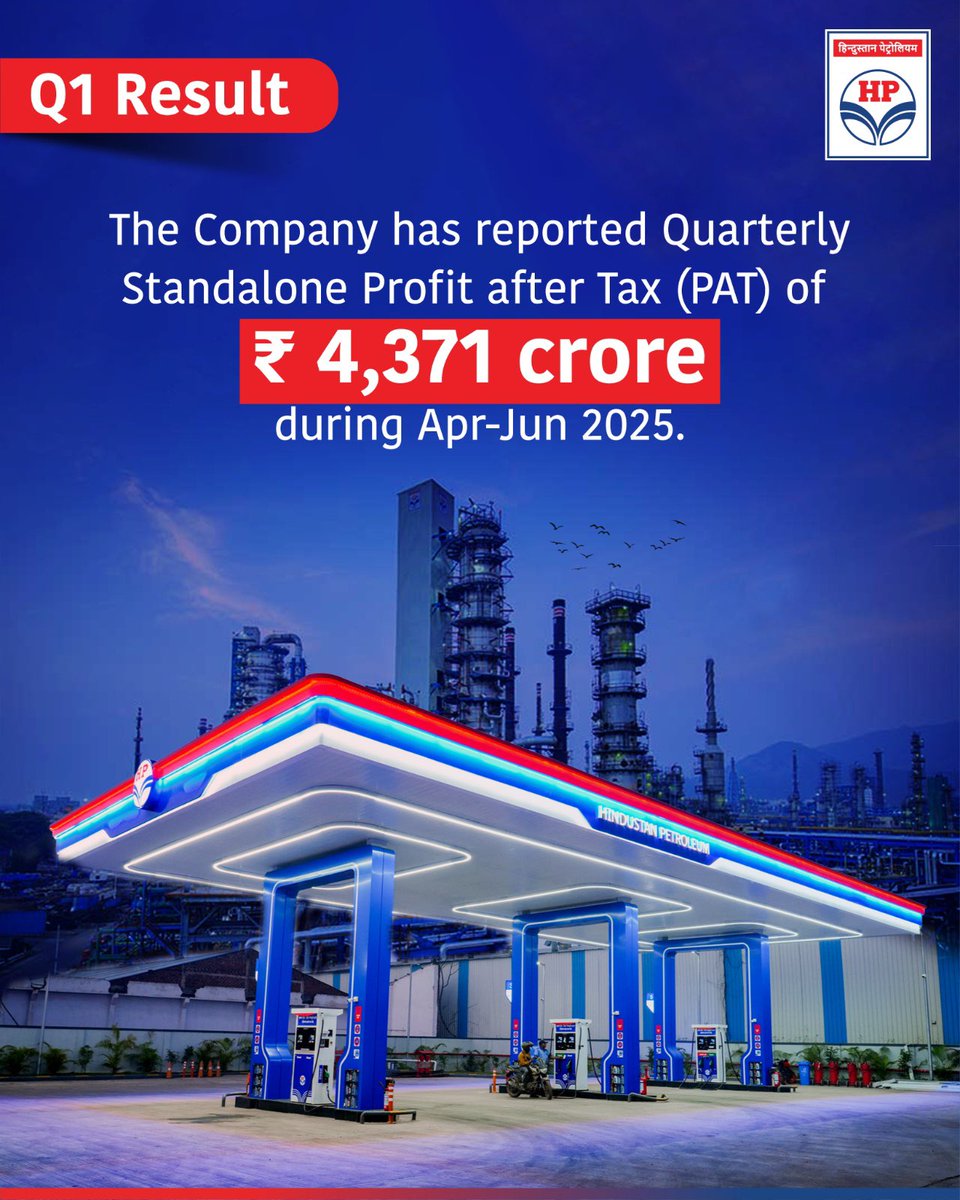 HPCL's tweet image. With strong operational efficiencies, strategic initiatives, and market responsiveness, HPCL has delivered a robust profit of ₹4,371 crore for the quarter ending June 2025. 

This performance reaffirms our commitment to driving growth, delivering value, and powering the nation…