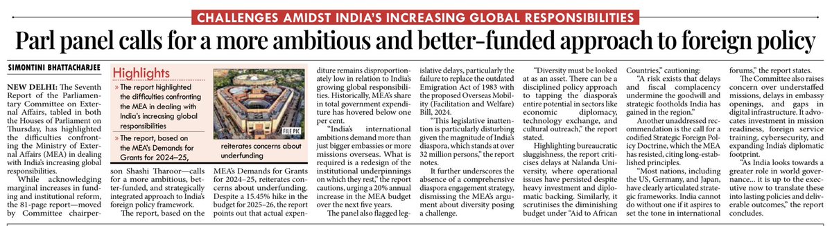 Simontini Bhattacharjee (@simontinib) on Twitter photo Parliament’s 7th External Affairs Report warns: underfunded diplomacy, stalled laws, weak Africa ties, no diaspora strategy, no foreign policy doctrine. India’s global rise needs resources, speed & vision. 🌏🇮🇳 #MEA
👉🏻my report for <a href="/mpostdigital/">MillenniumPost</a> 🔗 millenniumpost.in/nation/parl-pa… Parliament’s 7th External Affairs Report warns: underfunded diplomacy, stalled laws, weak Africa ties, no diaspora strategy, no foreign policy doctrine. India’s global rise needs resources, speed & vision. 🌏🇮🇳 #MEA
👉🏻my report for <a href="/mpostdigital/">MillenniumPost</a> 🔗 millenniumpost.in/nation/parl-pa…