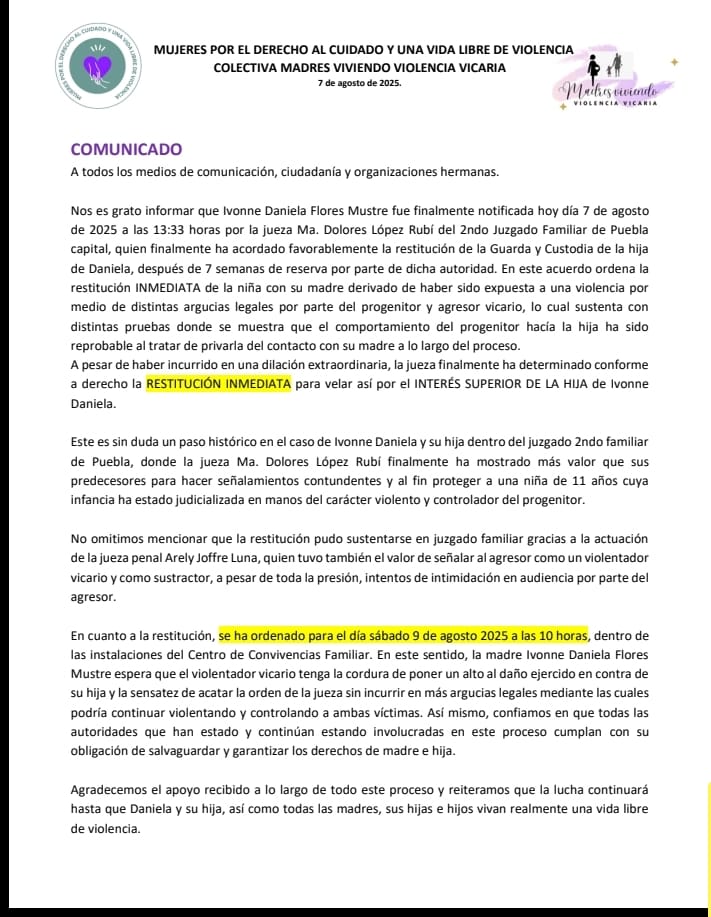 ContraReplicaPu's tweet image. #UltimaHora 📢 Después de seis años de estar separada de su hija, este jueves 7 de agosto la jueza Dolores López Rubí del segundo Juzgado de lo Familiar ordenó la restitución de la guarda y custodia en favor de Daniela Flores Mustra, víctima de violencia vicaria.

Vía @lupjmendez