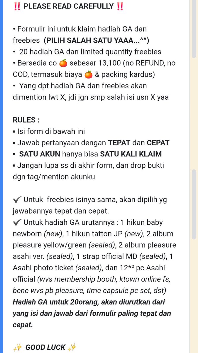missVra's tweet image. [Special Freebies &amp;amp; Giveaway] ASAHI BIRTHDAY

Isi form ini :
forms.gle/hNMFEHxk7fLLp3…

✨ Form akan dibuka tgl 18 Agust, 20.00 WIB (Close TBA)
✨ Satu form utk klaim freebies/GA (pilih slh satu 🙂‍↕️🙏🏻)
✨ Rules dan contoh form ada dipict (jika ada yg krg jelas boleh ditanyakan)