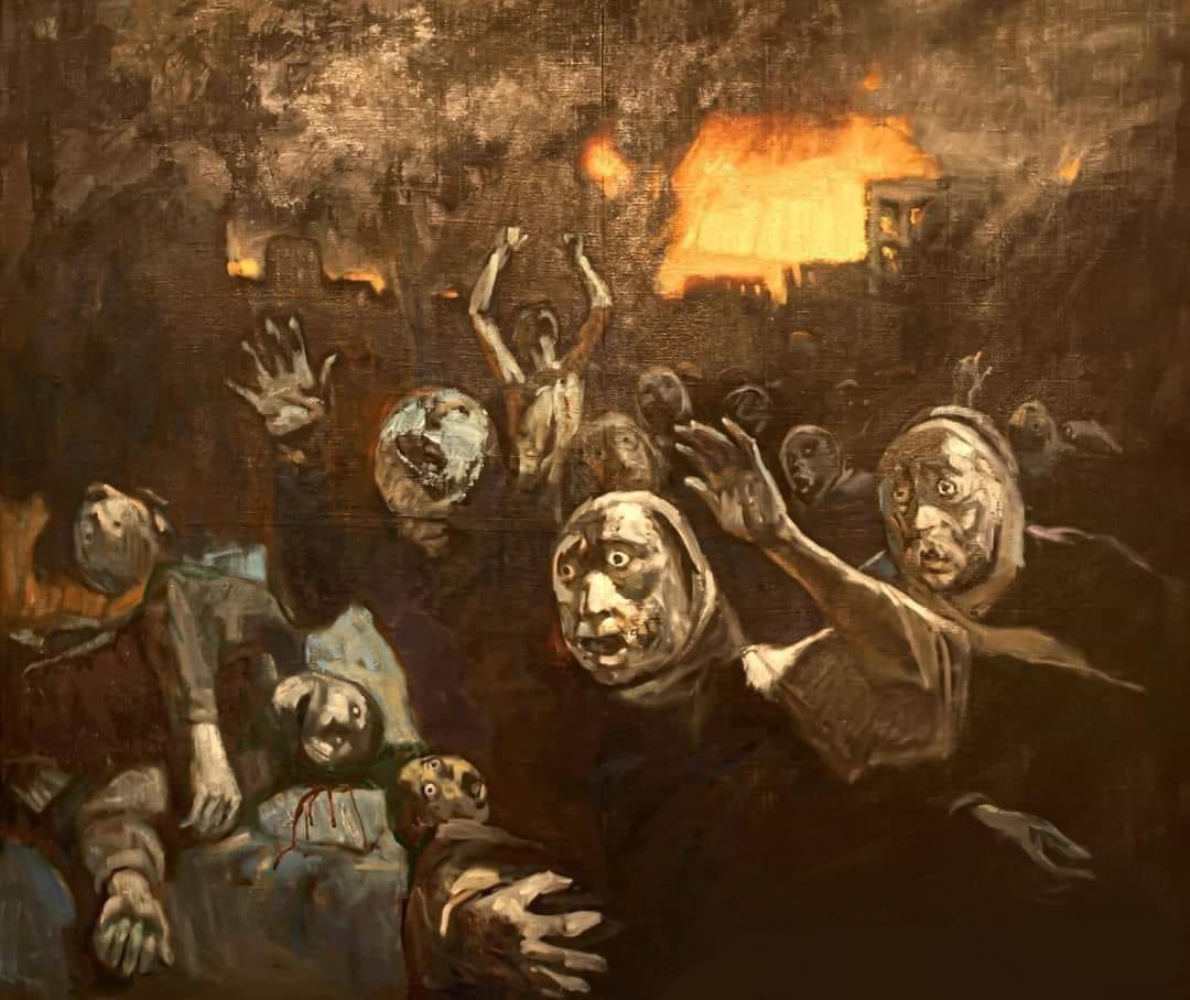 An available link to read the rare book Tel al-Zaatar: Symbols and Legend, published by the Popular Front in 1977.
Attached is a picture of the painting Tel al-Zaatar in natural colors, presented by the great Iraqi artist Faeq Hassan as a gift for the book’s cover .