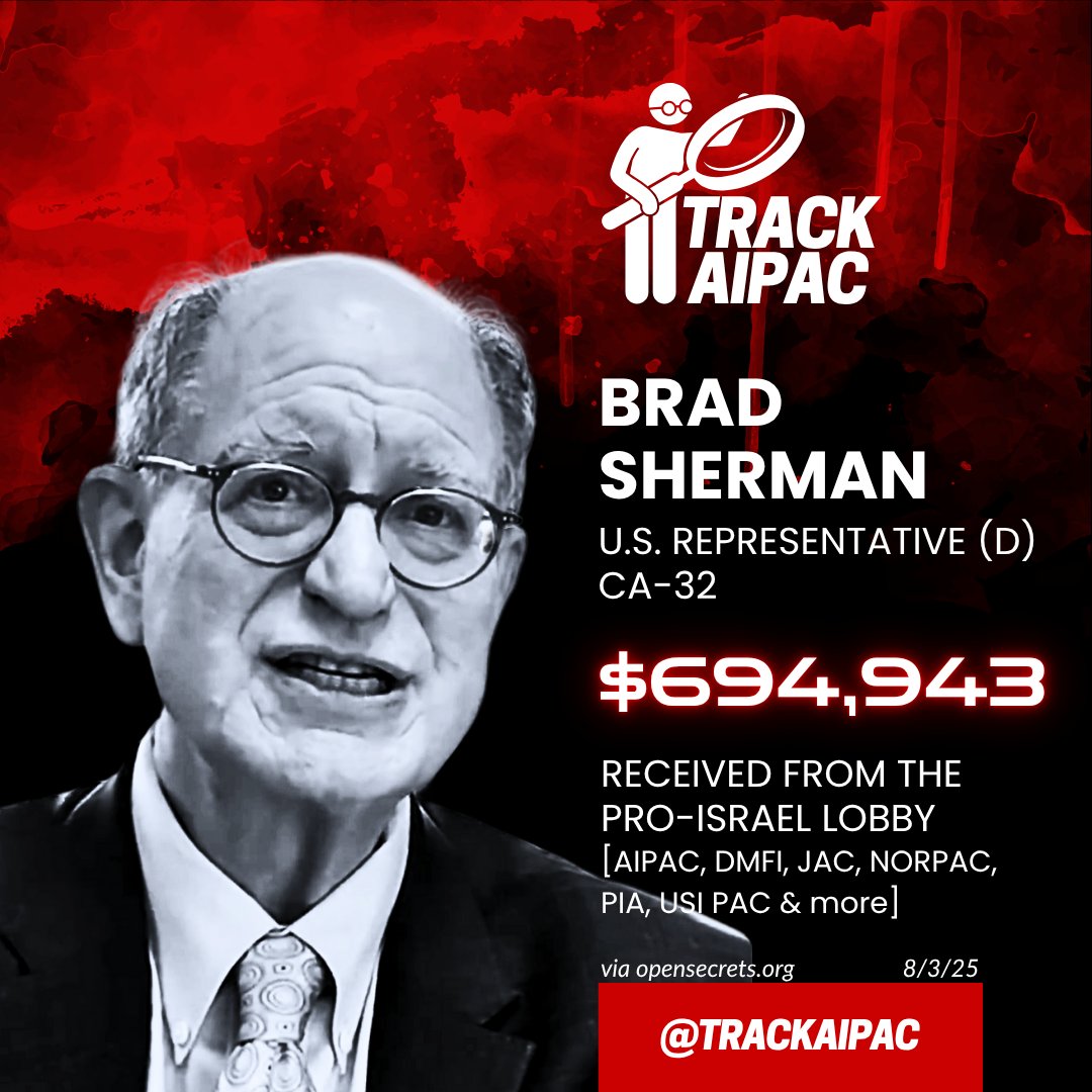 AIPAC Tracker (@trackaipac) on Twitter photo Far too little, far too late, Rep. Sherman. You have been voting to enable the genocide and parroting Israeli propaganda all along the way.
Support <a href="/ChrisAhuja/">Chris Ahuja for Congress</a> to unseat AIPAC's Brad Sherman in #CA32! Far too little, far too late, Rep. Sherman. You have been voting to enable the genocide and parroting Israeli propaganda all along the way.
Support <a href="/ChrisAhuja/">Chris Ahuja for Congress</a> to unseat AIPAC's Brad Sherman in #CA32!