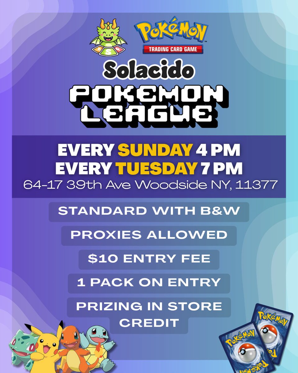 🎉 Solacido TCG Pokémon League 🎉
🔥 Ready for more action? We’ve added Sundays to our League schedule! Join us every Tuesday and Sunday for exciting matches and epic showdowns!

📅 Dates &amp; Times:
Sundays at 4:00 PM
Tuesdays at 7:00 PM

📍 Venue: Solacido Cards and Collectibles,