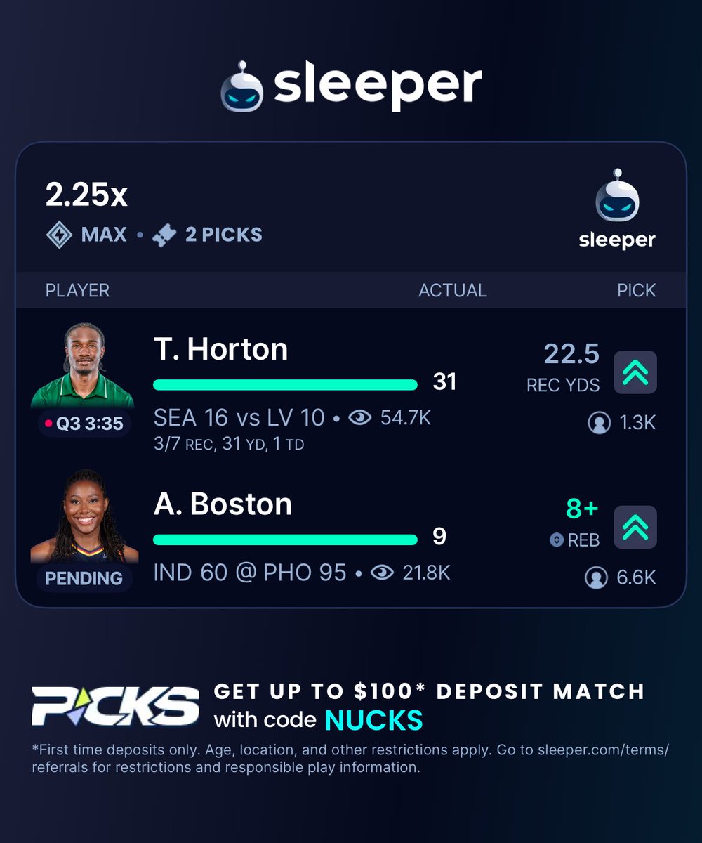 $50 to TWO people who LIKE+RT 💚

DoubleUp Sleeper ✅✅

Use code ‘NUCKS’ to sign up &amp; GET up to $100 Deposit Match ⬇️

Download Sleeper ⬇️

➡️ sleeper.com/promo/NUCKS 👈