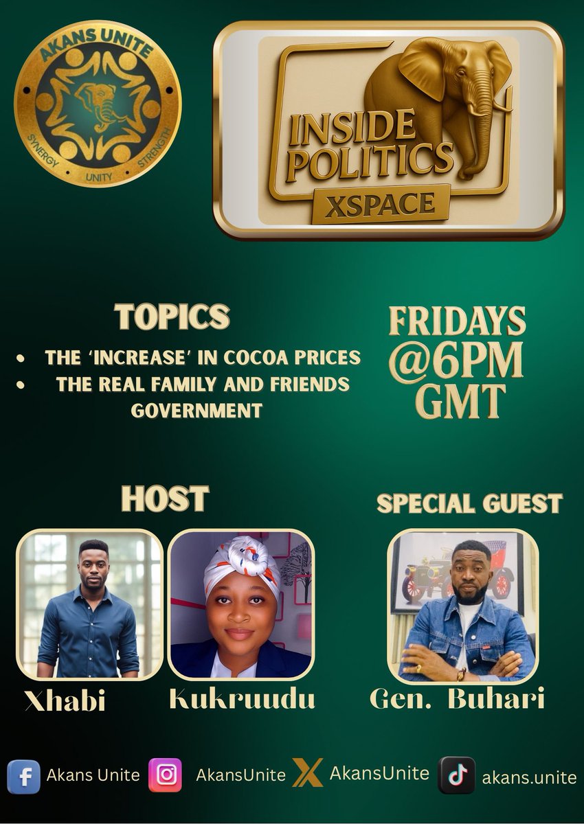 Akans Unite (@akansunite) on Twitter photo Join us to at 6pm GMT for Inside Politics, hosted by <a href="/5oddsHene/">XHABI</a> and <a href="/Kukruudu/">🐘🇳🇱Kukruudu🇳🇱🐘</a> with Guest Speaker <a href="/Gen_Buhari_/">Gen. Buhari</a>
#InsidePolitics #AkansUnite Join us to at 6pm GMT for Inside Politics, hosted by <a href="/5oddsHene/">XHABI</a> and <a href="/Kukruudu/">🐘🇳🇱Kukruudu🇳🇱🐘</a> with Guest Speaker <a href="/Gen_Buhari_/">Gen. Buhari</a>
#InsidePolitics #AkansUnite