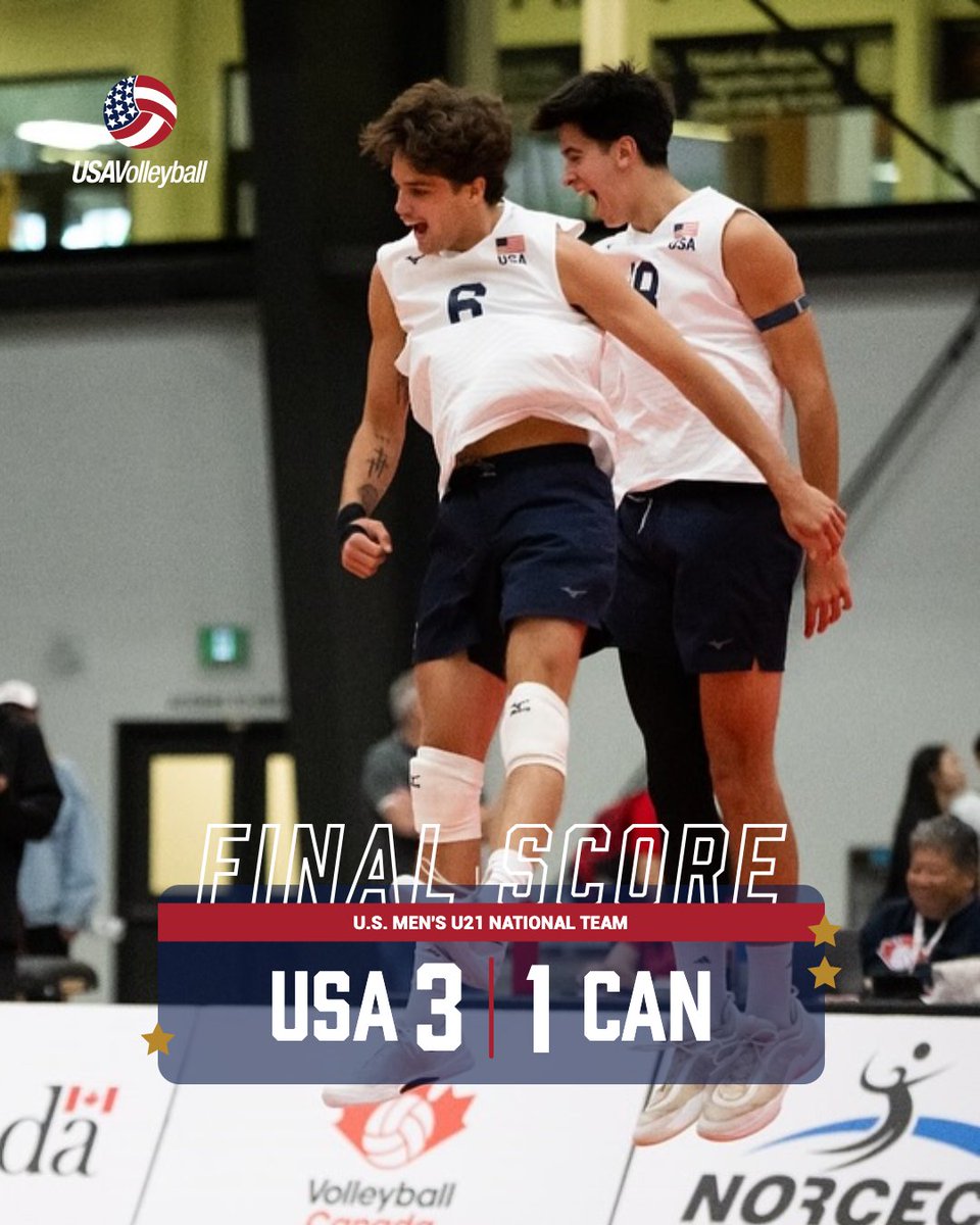 Red, white, and W 💪

The U.S. Men’s U21 National Team moved into sole possession of first place at the 2025 NORCECA U21 Men’s Pan American Cup with a 3-1 (25-11, 25-22, 23-25, 25-22) win over host Canada in Calgary.

Recap 🔗: Go.usav.org/8725mensu21

📸 @norceca_info