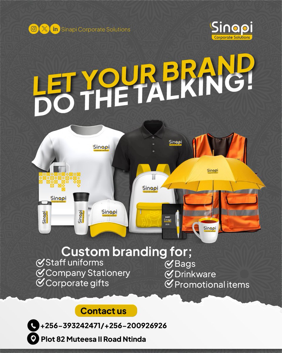 Elevate your brand presence with custom-branded merchandise.

From staff uniforms to corporate gifts — we help your brand speak for itself.

For more information contact us on
📞 +256-393242471 | +256-200926926
📍 Plot 82 Muteesa II Road, Ntinda
#CorporateBranding #Sinapi