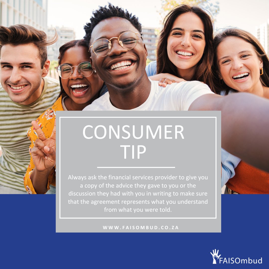 faisombud's tweet image. Next time you speak to a financial services provider, ask them for the advice or discussion in writing. That way, you will know the agreement truly matches what you understood. Protect yourself! #MoneySmart #FAISOmbud