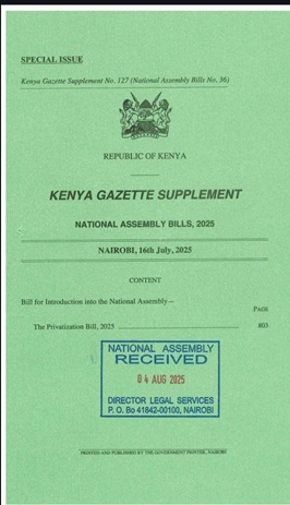 INVITATION TO SUBMIT MEMORANDA
The National Assembly has developed the Privatization Bill, 2025 and is seeking comments from the public and stakeholders on the same. Comments can be submitted to the Clerk of the National Assembly by Wednesday, 13th August 2025.