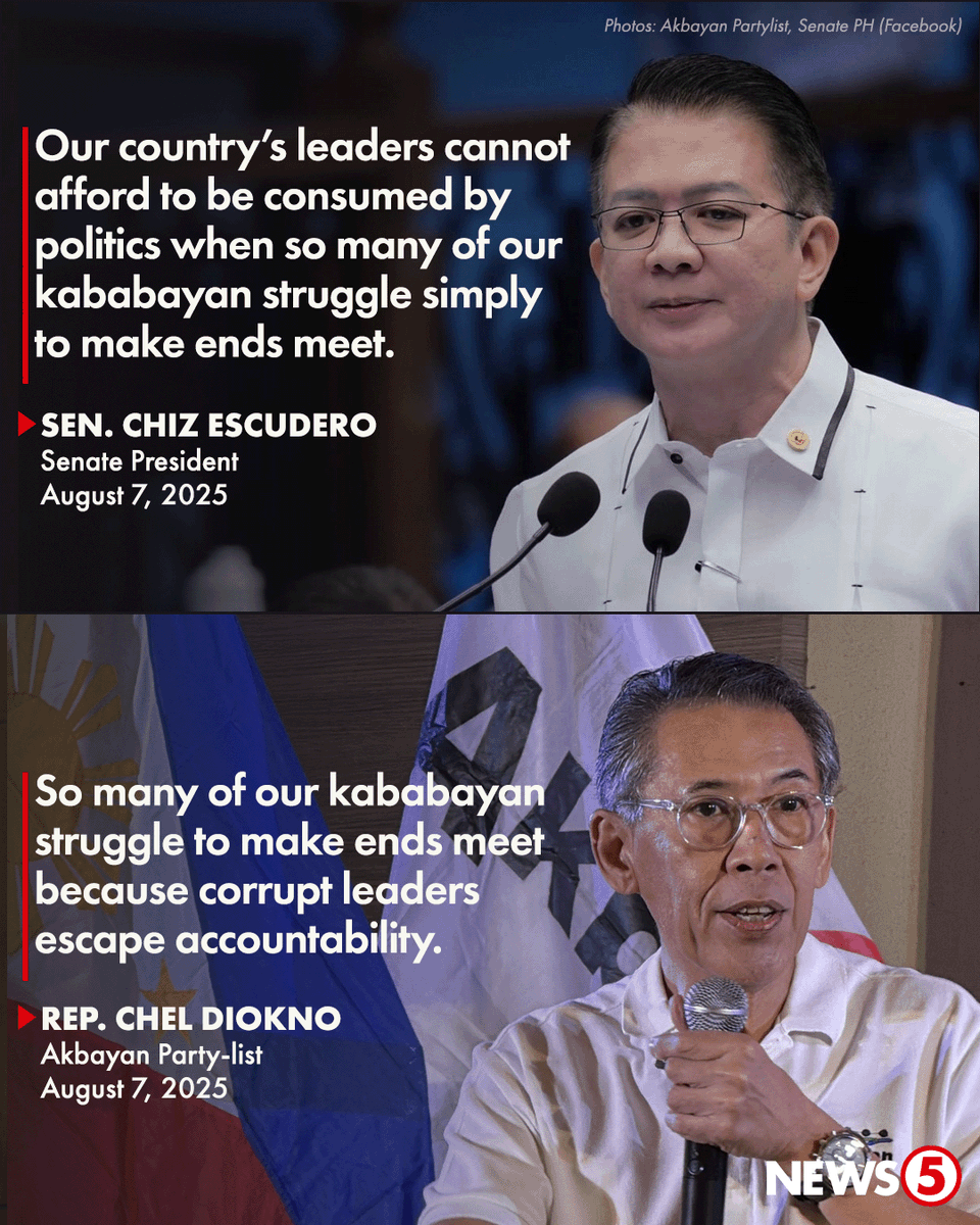News5PH's tweet photo. USAPANG POLITIKA AT PANANAGUTAN

Naglabas ng kani-kanilang pahayag sina Senate Pres. Chiz Escudero at Akbayan Rep. Chel Diokno tungkol sa araw-araw ng paglaban ng mga Pilipino. Kasunod ito ng desisyon ng Senado na i-archive ang impeachment complaint laban kay Vice Pres. Sara Duterte.