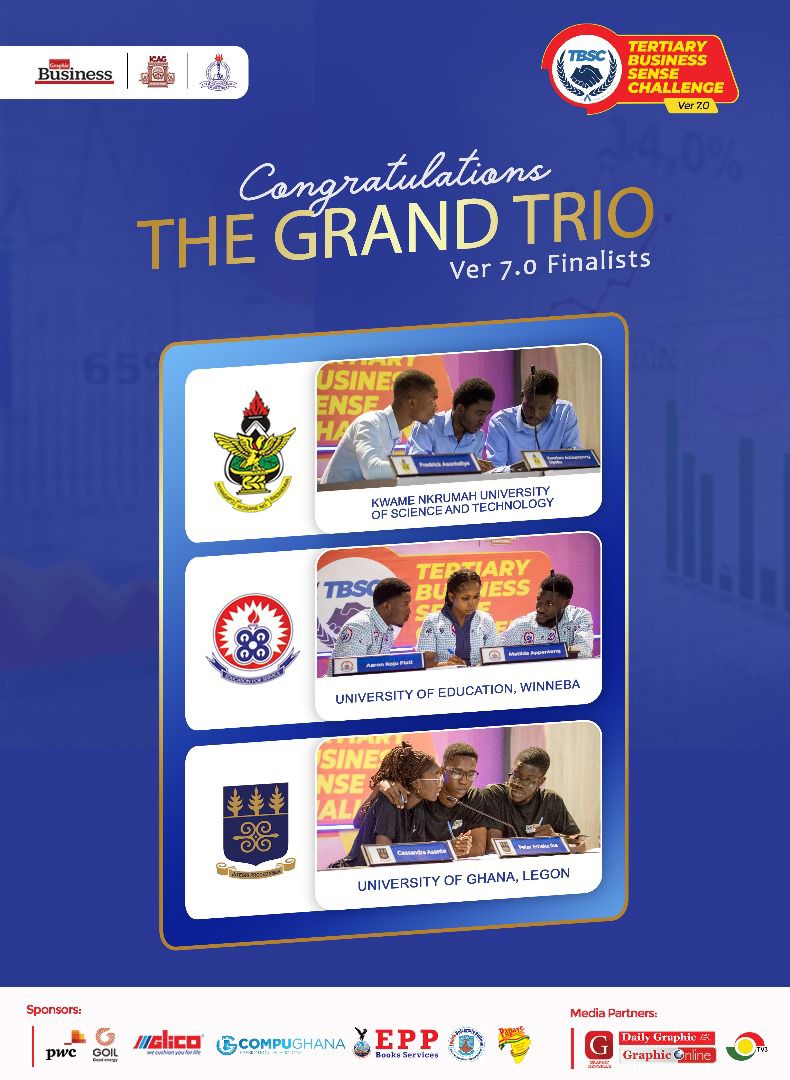 _TBSCVersion7's tweet image. Congratulations to the Grand Trio—KNUST, UEW, and UG—for earning their spot in the finals of the Tertiary Business Sense Challenge! 

Who’s taking the crown this year? Drop your winner below! 

#TBSC2025 |#TBSCVersion7