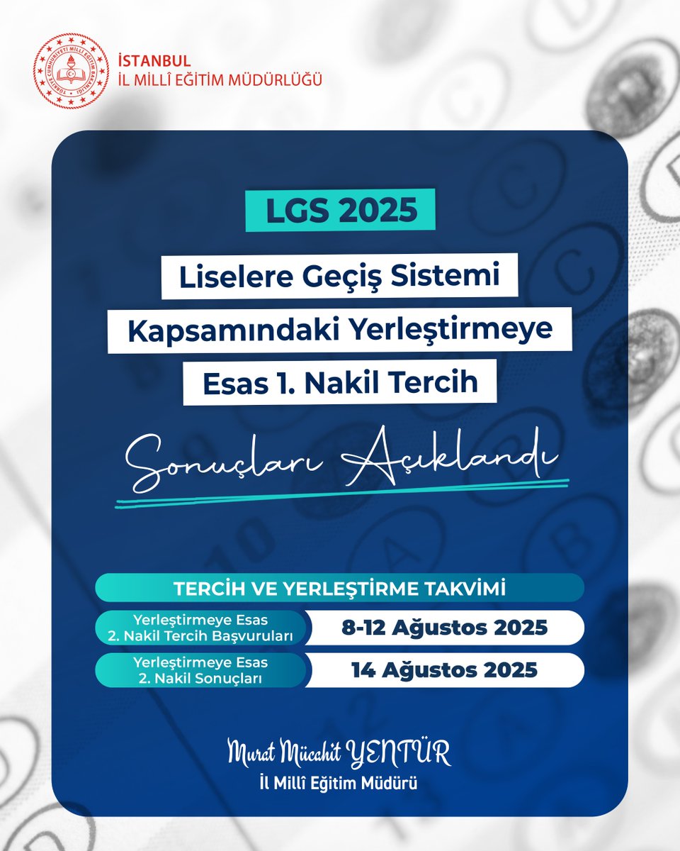 İstanbul İl Millî Eğitim Müdürlüğü (@istanbulilmem) on Twitter photo 📢 "Liselere Geçiş Sistemi (LGS) Kapsamında Yerleştirmeye Esas 1. Nakil Sonuçları" açıklandı.
🔗 meb.ai/U8hEWsC
<a href="/tcmeb/">Millî Eğitim Bakanlığı</a> <a href="/Yusuf__Tekin/">Yusuf Tekin</a>
<a href="/MucahitYentur/">Murat Mücahit Yentür</a> 📢 "Liselere Geçiş Sistemi (LGS) Kapsamında Yerleştirmeye Esas 1. Nakil Sonuçları" açıklandı.
🔗 meb.ai/U8hEWsC
<a href="/tcmeb/">Millî Eğitim Bakanlığı</a> <a href="/Yusuf__Tekin/">Yusuf Tekin</a>
<a href="/MucahitYentur/">Murat Mücahit Yentür</a>