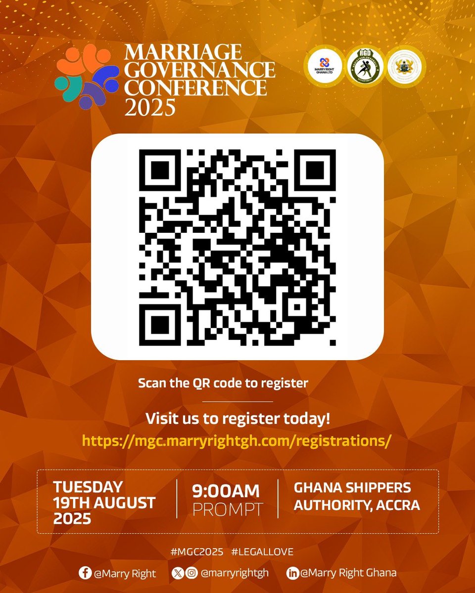 marryrightgh's tweet photo. 12 days to go!
Date: 19th August, 2025
Venue: Ghana Shippers Authority
Be part of the change.
The future of marriage governance begins with us.
Register now : https://t.co/giQe6yd9kW #12DaysToMGC #MGC25 #marryright #legallove https://t.co/H1vcoXfjUT