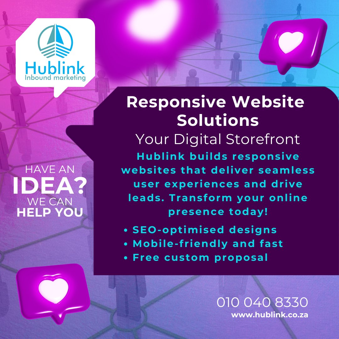 Hublink0603's tweet image. Your website deserves to shine! ✨ Hublink builds responsive, lead-generating sites tailored to your brand. Ready to transform? 💻
Start now!
📞 010 040 8330https://www.hublink.co.za/social-media-marketing-services/
Join today hublink.co.za/join-marketing…
#Hublink #WebsiteDesign