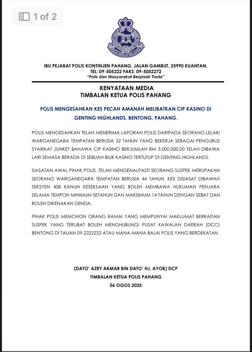 Bekas pekerja,  Victor Lee, 44, diburu polis susulan kehilangan cip kasino Genting Highlands bernilai RM3 juta 

Suspek berasal dari Kajang, Selangor dipercayai sudah lari ke luar negara dan menjual cip itu.