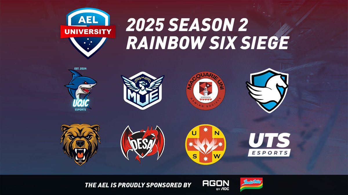 Welcoming the eight university clubs competing in Rainbow Six Siege X for Season 2 of the AEL University Elite Series!

In no particular order:
#UQ
@melbuniesports
<a href="/MQUGaming/">Macquarie Uni Esports</a>
<a href="/uonesportsclub/">University of Newcastle Esports Club</a> 
#CSU 
<a href="/DeakinEsports/">Deakin eSports Association</a> 
<a href="/UNSW_ESports/">UNSW ESports Club</a> 
<a href="/UTSEsports/">UTS Esports</a>

STARTING FROM TONIGHT! Catch the