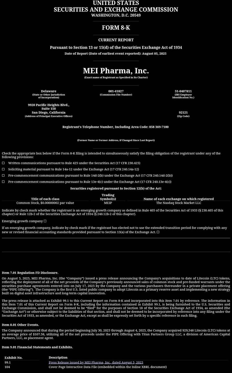 MEI Pharma acquired 929,548 $LTC at $107.58 per coin, a $100M treasury move

This makes MEI Pharma the first public company to adopt Litecoin as a strategic reserve