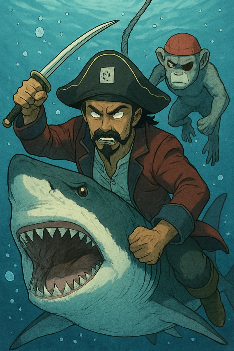 GM! ☕

It's Friday and I just made friends with a great white shark! 

We are going to have so much fun, scaring other pirates 🏴‍☠️ at the beach! 🏖️