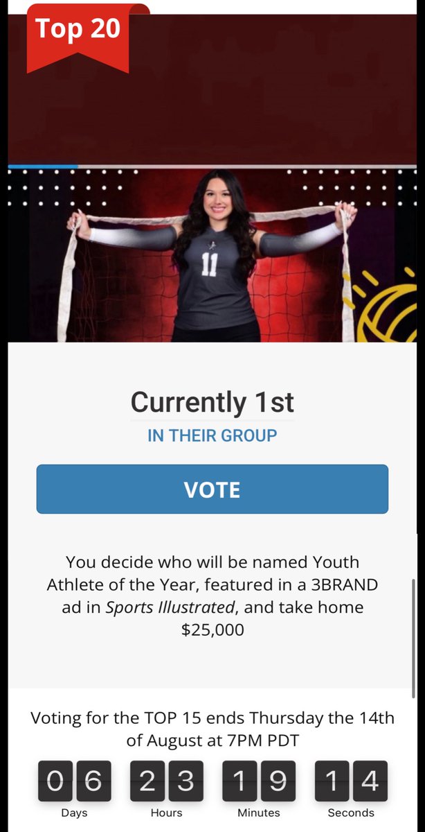 Hey everyone we made it to the next round of the big scholarship thank you everyone I came out in 1st in my division and top 20 nationwide but we have to keep on pushing… please keep voting it’s free and post and share

Link is below 

athleteoftheyear.org/2025/sarai-f45a