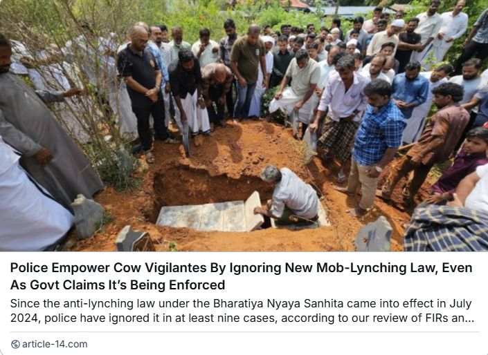 In 9 cases in 6 states since July 2024, police ignored new law to combat lynching. They treated lynchings as normal murders or accidents—ignoring their communal nature &amp; denied #Muslim victims were killed because of their religion, reports <a href="/syed_affan__/">Syed Affan</a>

Thread

1/8