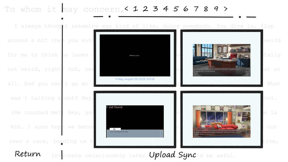 avaliantcry's tweet image. today's update before i crash for the night. got the save screen looking just how i want it! (ignore the mismatched save thumbs)

will tackle the confirm screens again tomorrow when im not dead tired #yoursingularityvn