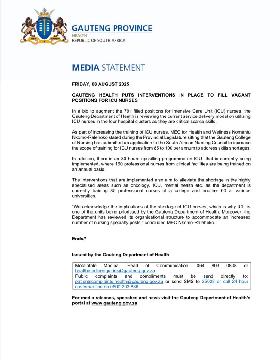MEDIA STATEMENT || GAUTENG HEALTH PUTS INTERVENTIONS IN PLACE TO FILL VACANT POSITIONS FOR ICU NURSES