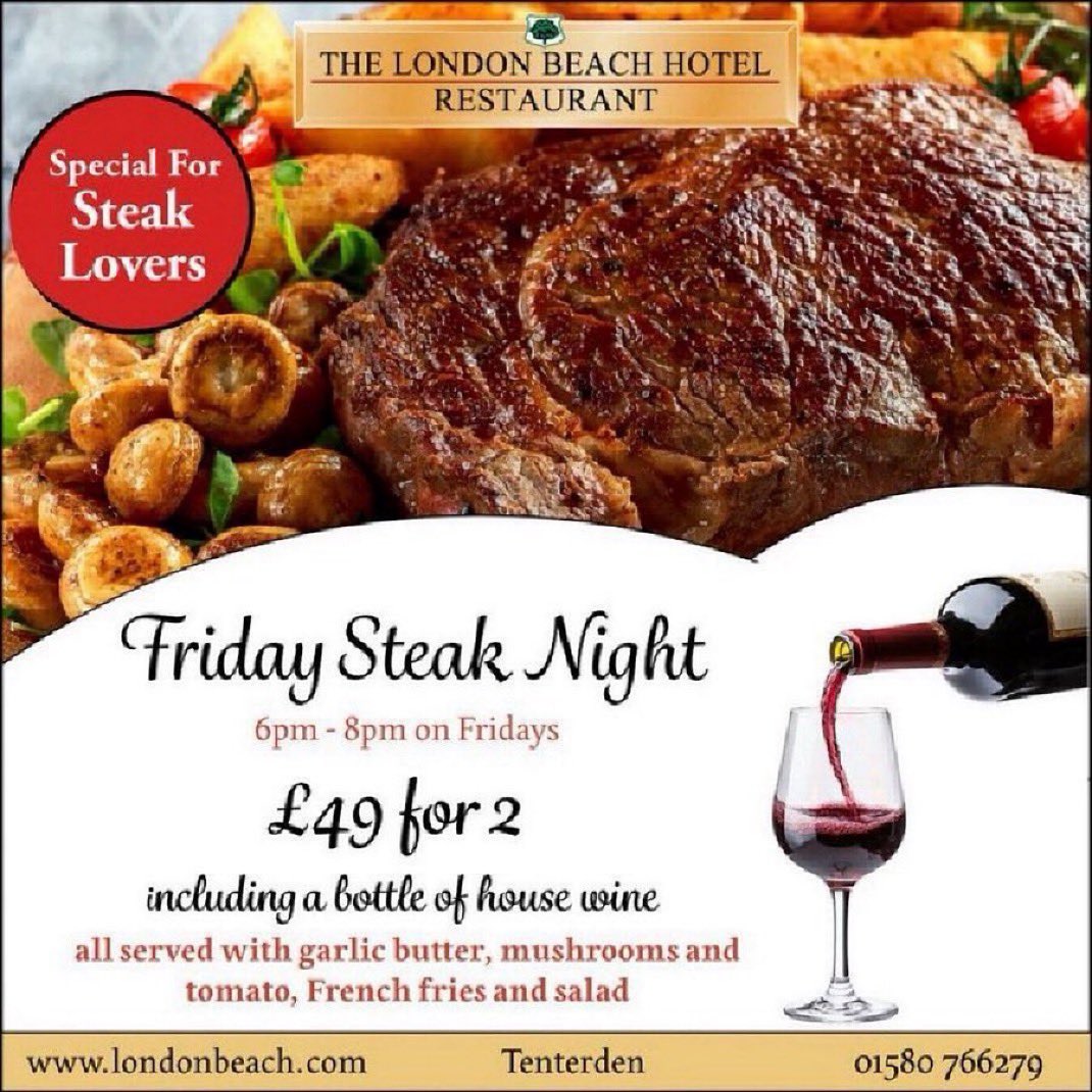 Friday Night Steak Night at London Beach Hotel! Enjoy a delicious rump steak topped with garlic butter, complemented by mushrooms, tomatoes, crispy French fries,  a fresh salad, including a complimentary bottle of house wine. Just £49 for 2!available from 6pm / 8pm every Friday.