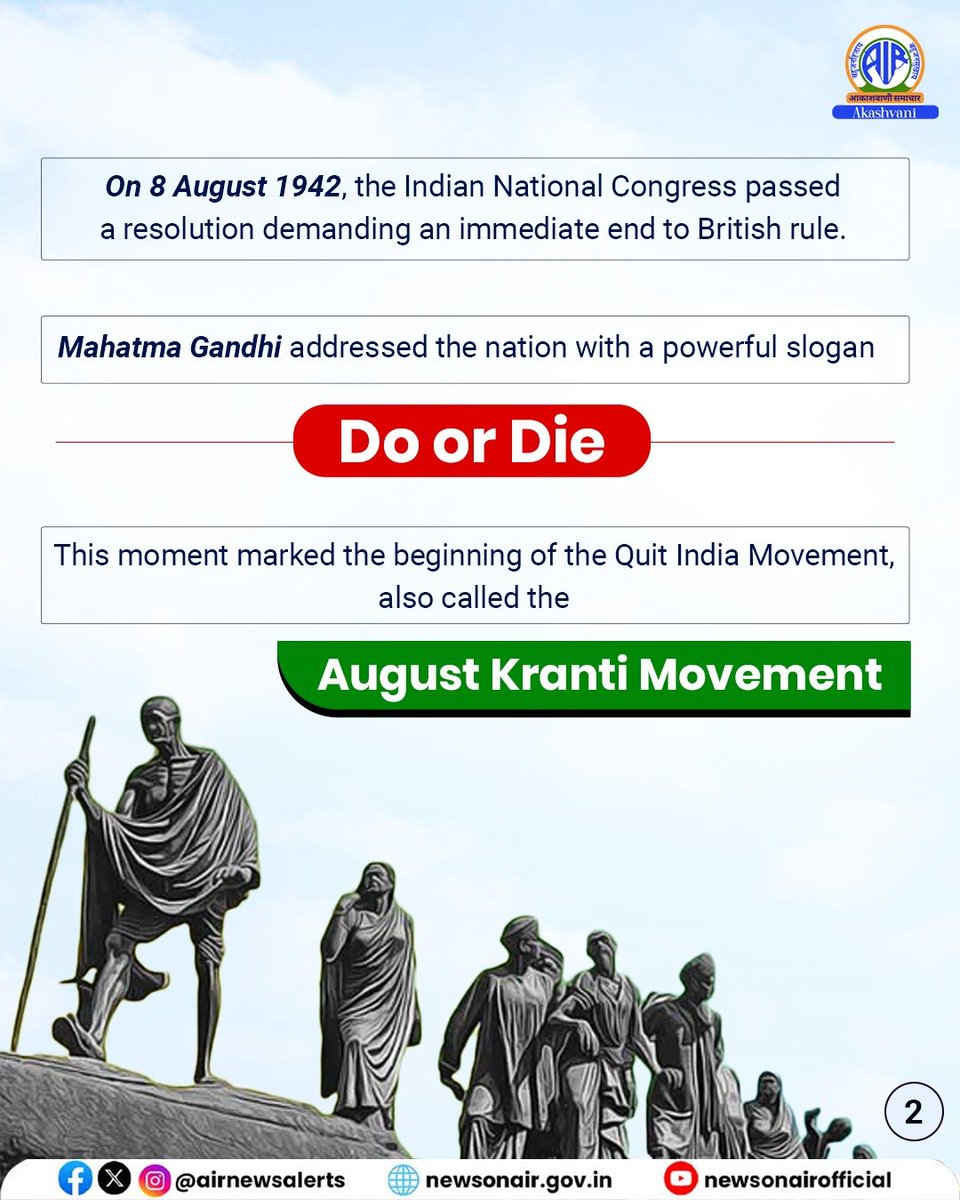 On this day in 1942, the call was clear — ‘Do or Die’.
Mahatma Gandhi ignited the Quit India Movement, shaking the foundations of British rule.
Today, we salute the indomitable spirit of our freedom fighters who chose sacrifice over silence.
#QuitIndiaMovement #TributeToHeroes