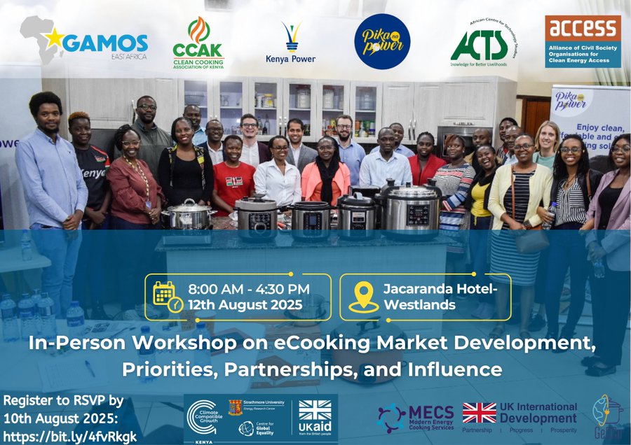 ACCESS Coalition (@accesscsos) on Twitter photo Supported by <a href="/UKMECS/">Modern Energy Cooking Services</a> , we're thrilled to join partners in this upcoming Strategic Workshop on eCooking Market Development, Priorities, Partnerships, and Influence.
📅 Tuesday, 12 August | 🕗 8:00 AM – 4:30 PM
<a href="/GamosEastAfrica/">Gamos East Africa</a> <a href="/KenyaPower/">The Kenya Power & Lighting Company Plc.</a> <a href="/CleanCookingKe/">Clean Cooking Association of Kenya</a>
@ACTS. Supported by <a href="/UKMECS/">Modern Energy Cooking Services</a> , we're thrilled to join partners in this upcoming Strategic Workshop on eCooking Market Development, Priorities, Partnerships, and Influence.
📅 Tuesday, 12 August | 🕗 8:00 AM – 4:30 PM
<a href="/GamosEastAfrica/">Gamos East Africa</a> <a href="/KenyaPower/">The Kenya Power & Lighting Company Plc.</a> <a href="/CleanCookingKe/">Clean Cooking Association of Kenya</a>
@ACTS.