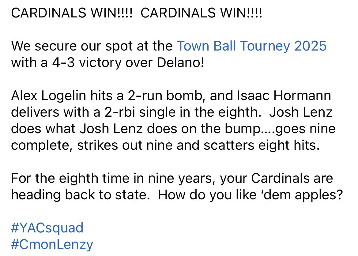 Young America Cardinals (@yacardinals) on Twitter photo We’d like to rsvp with an emphatic YES to <a href="/mntownball25/">mntownball25</a>! Save us a spot, please!
#YACsquad
#CmonLenzy We’d like to rsvp with an emphatic YES to <a href="/mntownball25/">mntownball25</a>! Save us a spot, please!
#YACsquad
#CmonLenzy