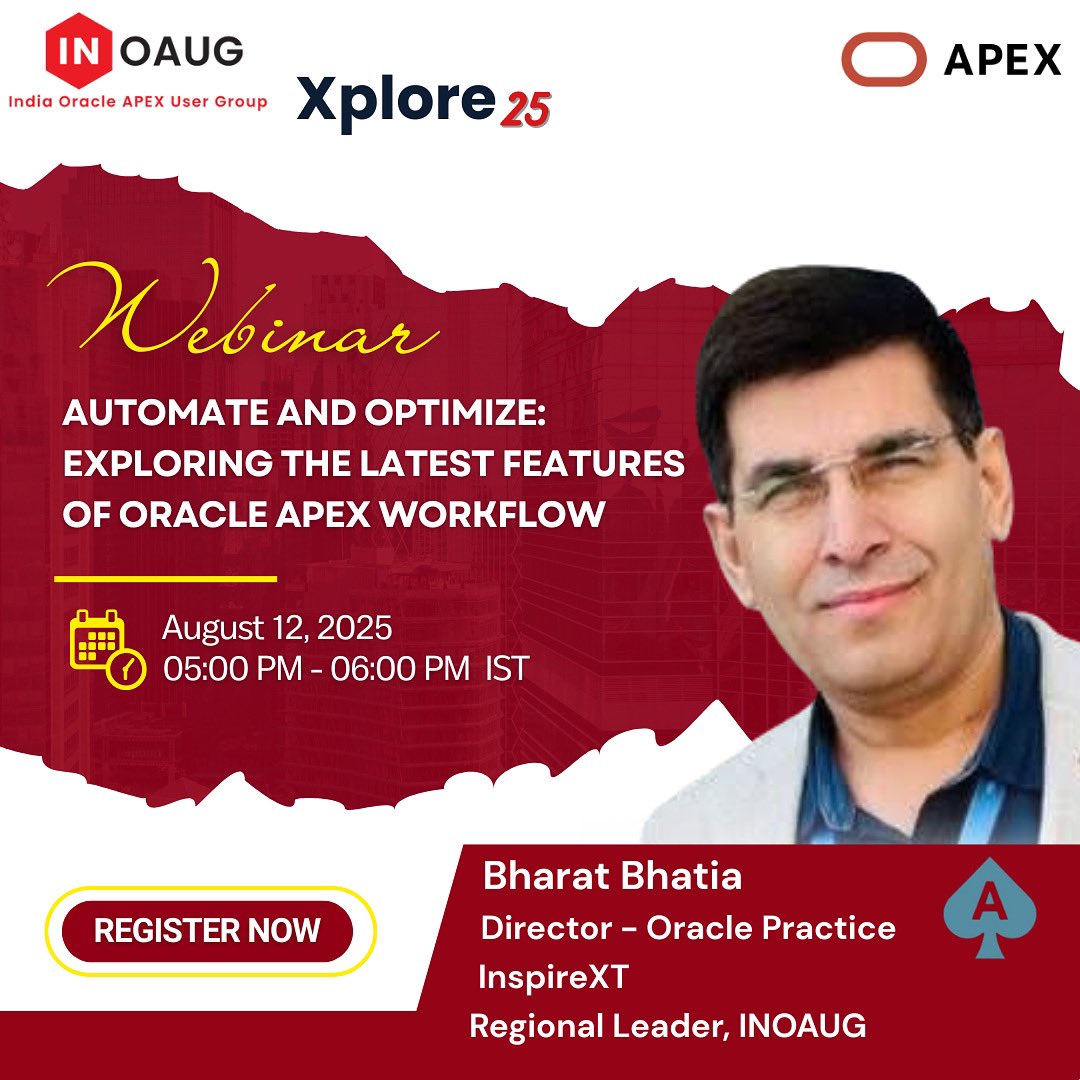 🚀 Streamline. Automate. Excel.
Join us on Aug 12, 5 PM IST to explore the latest Oracle APEX Workflow features with Bharat Bhatia. Boost your automation game!

🔗 bit.ly/INOAUG_Xplore_…

#Oracle #INOAUG #LowCode #orclAPEX #OracleCloud #xcelerate2025