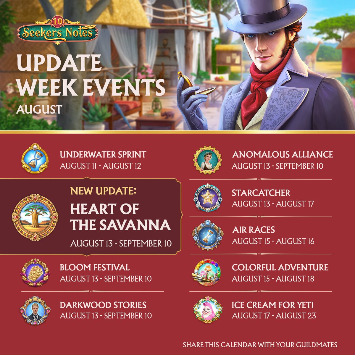 SeekersNotes's tweet image. 🐘 The new update, Heart of the Savanna, is just around the corner. 🌳 To help you get ready, we’ve prepared the event calendar for next week. But for now, don’t forget to claim all your rewards from the Art Gallery location! 🖼 ✨
📲 social-sn.mytonagames.com/ePQ7gW