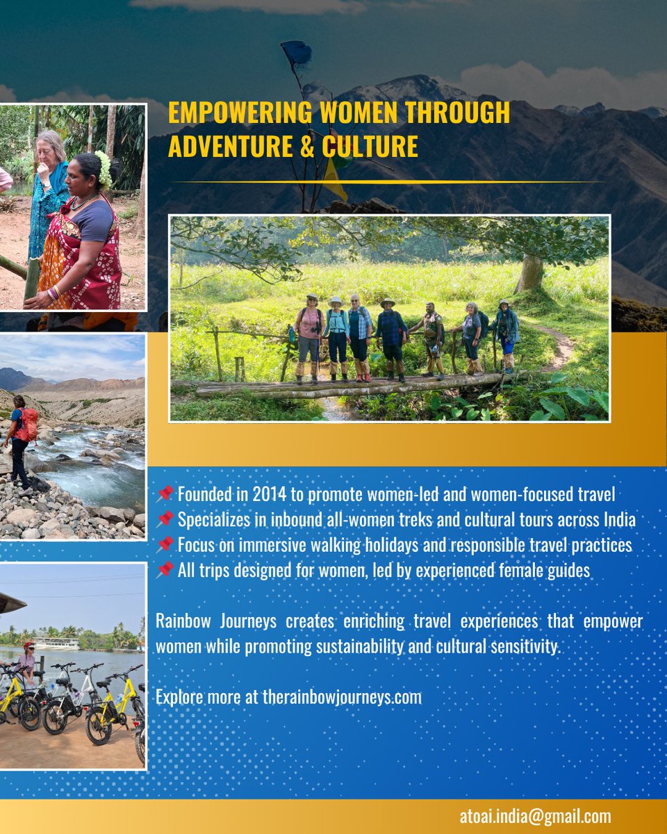 This Friday on #ATOAIMemberShowcase: Meet Sheetal Thakur, founder of #RainbowJourneys. With 20+ yrs in travel, she leads all-women cultural tours across India—empowering women in remote regions &amp; championing inclusive, sustainable adventures. #ATOAIexplore #WomenWhoTravel