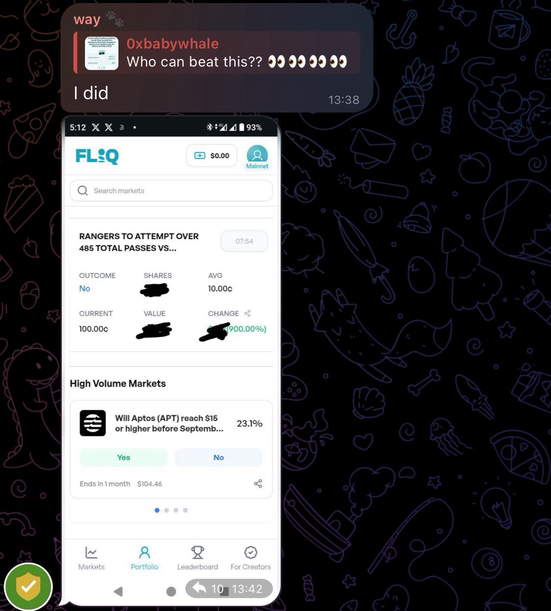 0xBabywhale 🐋 (@0xbabywhale5) on Twitter photo Posted a 500+% PNL on <a href="/predictonfliq/">Fliq Predictions 🗿🌐</a> TG with the caption, “can anyone beat this?” Surprisingly a web2 normie who just joined a while back flexed a 900% PNL 😂
Honestly, I was shocked but mostly happy, cos this is exactly what Fliq is about, bringing trading to the 95% who think Posted a 500+% PNL on <a href="/predictonfliq/">Fliq Predictions 🗿🌐</a> TG with the caption, “can anyone beat this?” Surprisingly a web2 normie who just joined a while back flexed a 900% PNL 😂
Honestly, I was shocked but mostly happy, cos this is exactly what Fliq is about, bringing trading to the 95% who think