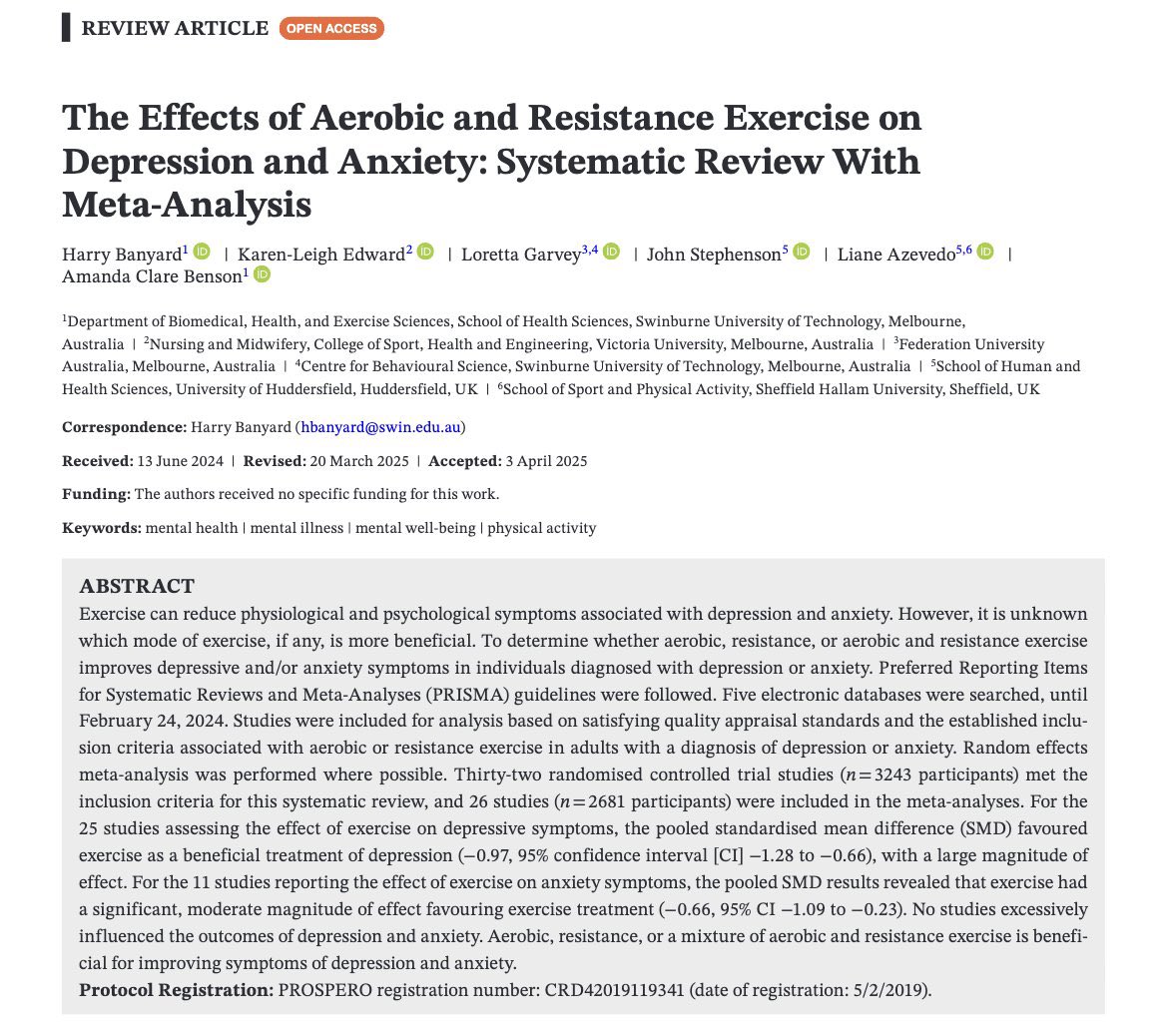 26 randomize kontrollü çalışmanın meta-analizi, aerobik ve direnç egzersizlerinin #depresyon ve #anksiyete semptomlarını anlamlı şekilde azalttığını gösterdi; etki, standart tedavilere yakın. Aerobik egzersiz depresyonda, direnç egzersizi anksiyetede daha etkili! <a href="/bariatriklab/">BariatrikLAB Obezite Metabolik Cerrahi & Longevity</a>
