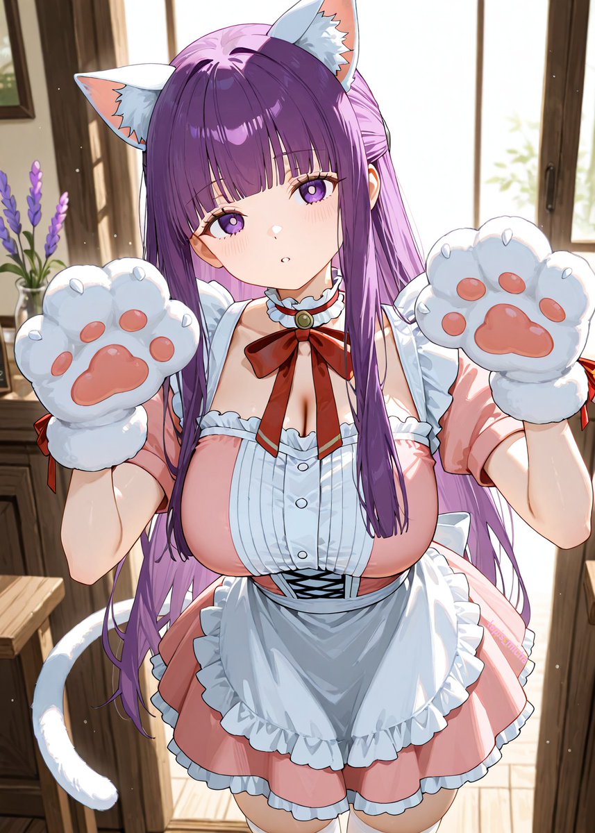 フェルン　「おかえり…にゃんฅ(&gt;ω&lt;*ฅ)💕*。」
フリーレン「フェルンって、意外と似合うよ？
　　　　　（めちゃかわいい～♪）😋」
フェルン　「……ぜったい悪ふざけですよね……ﾎﾞｿｯ」
#AIart #葬送のフリーレン #フェルン