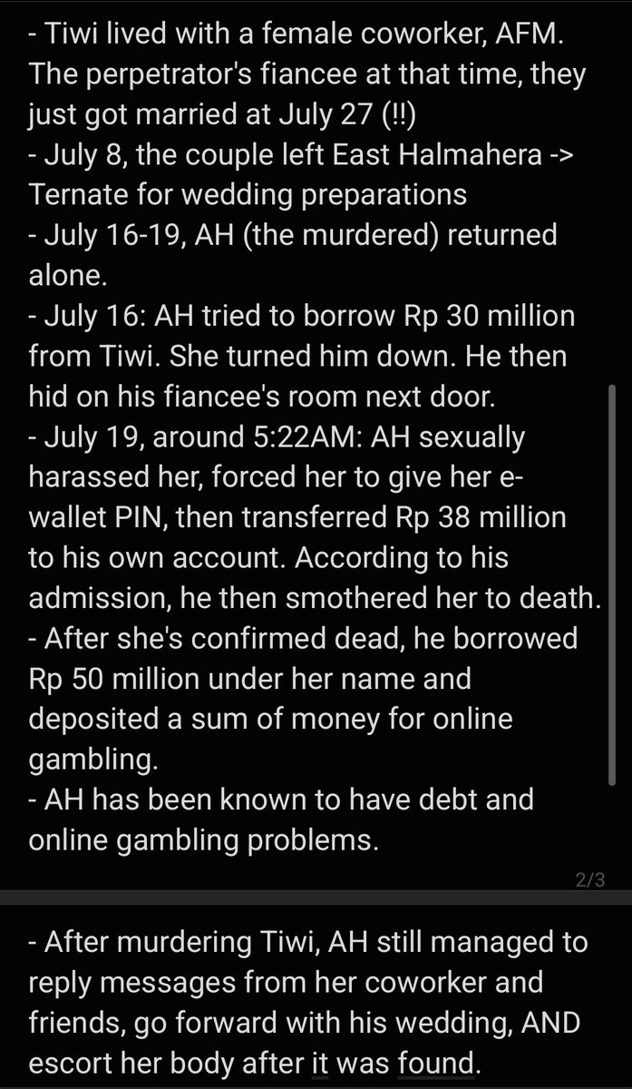 cherriesistic's tweet photo. tw // murder sexual assault violence

summary translated from komikfaris at instagram, tiwi's colleague, with minor details added from my friends' side.

more information may be updated later, but this is a general overview of the case.

#JusticeForTiwi
https://t.co/LyUhRPDFfj https://t.co/QW7rvh7dKW