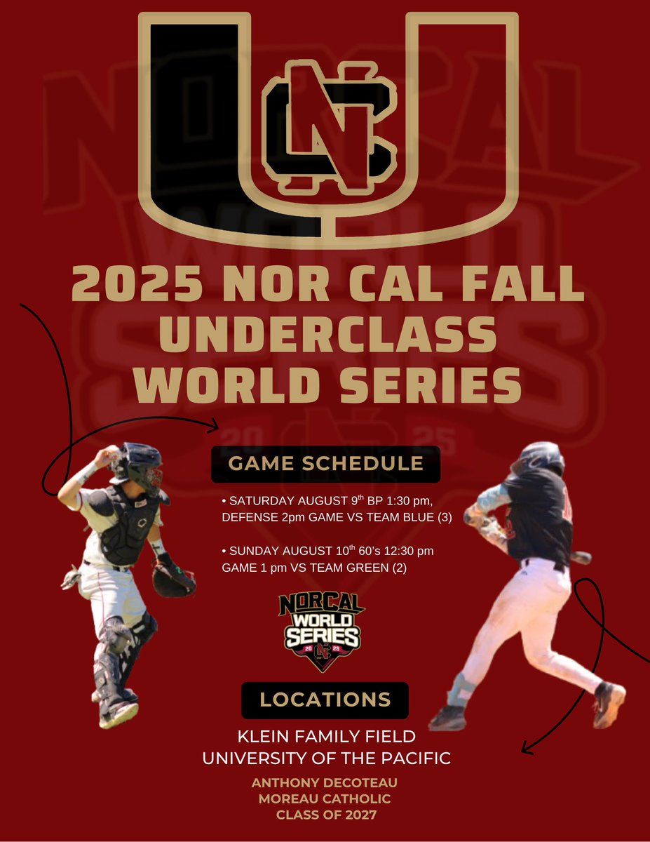 Anthony Decoteau (@antdecoteau2027) on Twitter photo Looking forward to playing in the <a href="/NorCalBaseball/">Tony Crivello</a> Underclass Fall World Series with Team Red(4) this weekend at <a href="/PacificBaseball/">Pacific Baseball</a>
<a href="/NorCalU1/">NorCalU</a>
<a href="/MoreauBaseball/">Moreau Catholic Baseball</a> Looking forward to playing in the <a href="/NorCalBaseball/">Tony Crivello</a> Underclass Fall World Series with Team Red(4) this weekend at <a href="/PacificBaseball/">Pacific Baseball</a>
<a href="/NorCalU1/">NorCalU</a>
<a href="/MoreauBaseball/">Moreau Catholic Baseball</a>