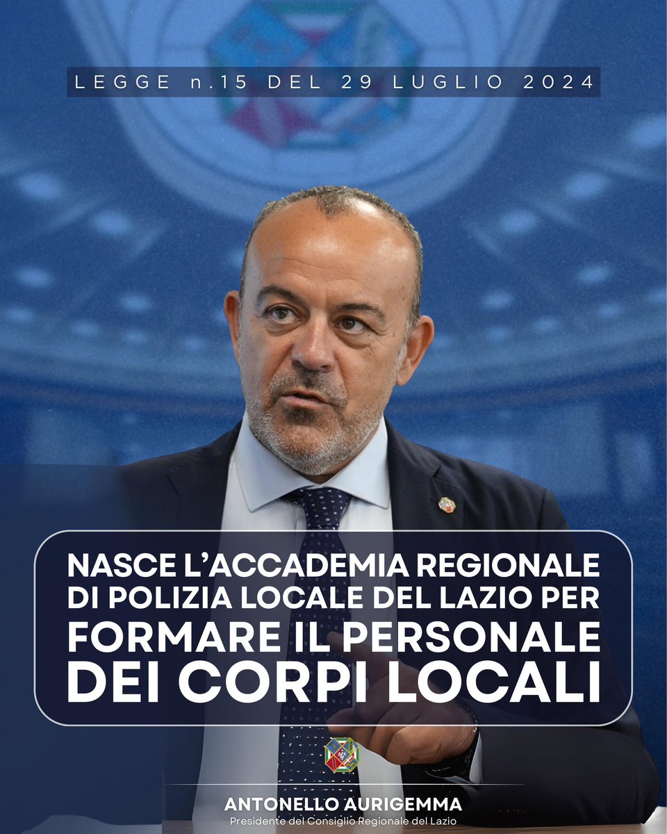 Antonello Aurigemma 🇮🇹 (@antoaurigemma) on Twitter photo Il <a href="/ConsiglioLazio/">Consiglio Lazio</a> ha approvato a maggioranza la legge che istituisce l’Accademia regionale di Polizia Locale.
Con 150mila euro nel 2024 e oltre 400mila all’anno dal 2025, si punta a formare e uniformare i nostri agenti per un servizio di prossimità più efficace e vicino ai Il <a href="/ConsiglioLazio/">Consiglio Lazio</a> ha approvato a maggioranza la legge che istituisce l’Accademia regionale di Polizia Locale.
Con 150mila euro nel 2024 e oltre 400mila all’anno dal 2025, si punta a formare e uniformare i nostri agenti per un servizio di prossimità più efficace e vicino ai