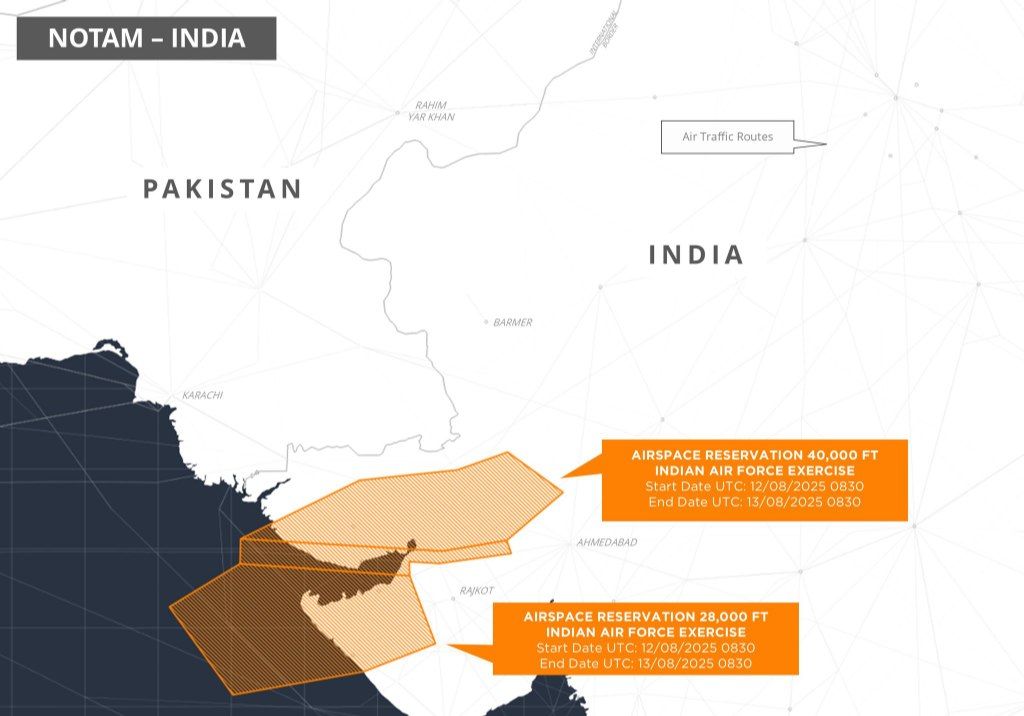 NewsZonex24's tweet photo. BREAKING NEWS 

🇮🇳 India has issued a NOTAM for August 12-13, reserving airspace near the southern Pakistan border for Indian Air Force drills. https://t.co/ADN4j7SlWX