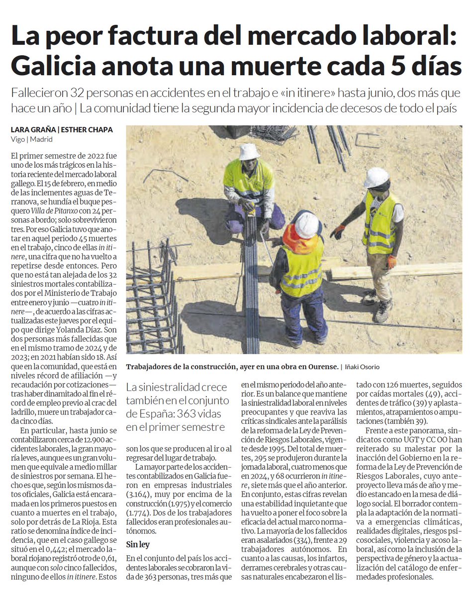 🦋 Oscar Sánchez Feijóo (@oscarsanchez) on Twitter photo ⚠️INSOPORTABLE⚠️
Una persona muere en Galicia cada cinco días, víctima de un accidente de trabajo o en "in itinere"; en España van ya 363 en el primer semestre.
✊🏻Para <a href="/CCOO/">COMISIONES OBRERAS</a> la prevención en los centros de trabajo necesita mejorar ccoo.es/noticia:734272… ⚠️INSOPORTABLE⚠️
Una persona muere en Galicia cada cinco días, víctima de un accidente de trabajo o en "in itinere"; en España van ya 363 en el primer semestre.
✊🏻Para <a href="/CCOO/">COMISIONES OBRERAS</a> la prevención en los centros de trabajo necesita mejorar ccoo.es/noticia:734272…