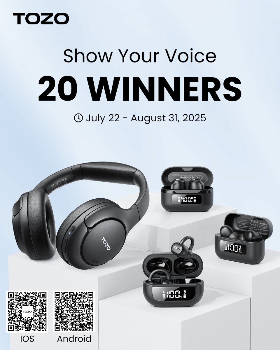 🎧 Win amazing Tozo headphones! 🎧 

Prize List：
1. Earbuds
TOZO NC3 ，TOZO HT2 ，TOZO NC9 
(20 winners in total)

2. Coupons
$15 of TOZO Open EarRing Coupon
(Each participant will get a prize)

How to Enter:
Scan the QR code on the poster to download the TOZO APP to join.