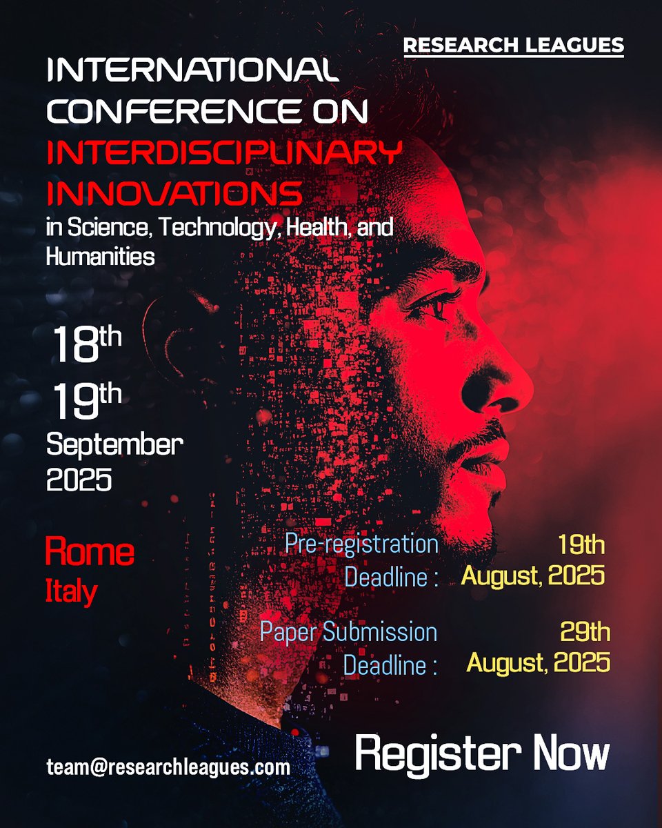 🌍 Join Us in Rome, Italy – ICISTHH-25! 

Dates: 18th – 19th September, 2025 📍 Location: Rome, Italy
Organizer: Research Leagues
researchleagues.com/event/index.ph…

Contact: team@researchleagues.com

#ICISTHH25 #InternationalConference #Rome2025 #ResearchLeagues #Science #Technology