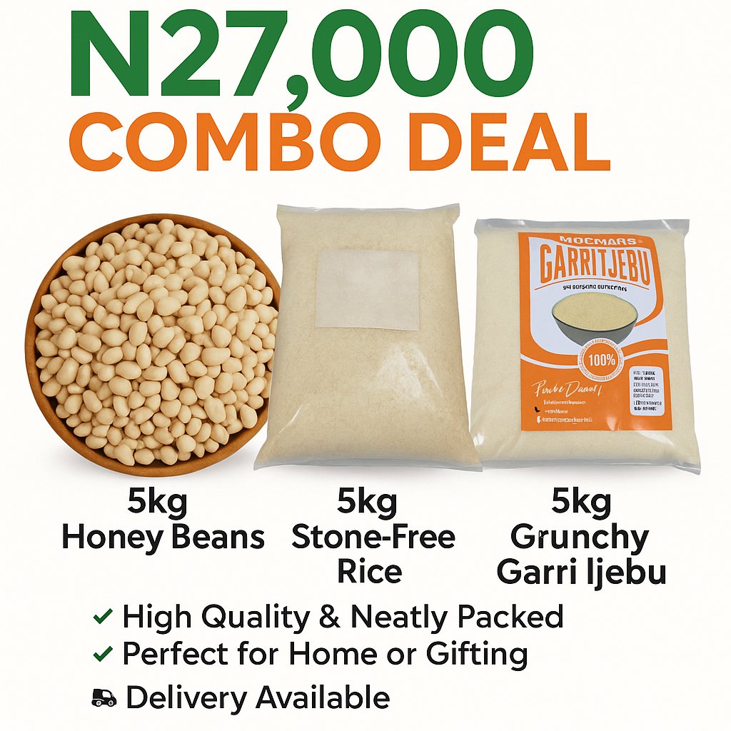 Perfect Weekend Combo to Stock Up Your Kitchen!

Rice pairs perfectly with beans...
And garri and beans? That’s true sibling love 👌🏽

Why not take advantage of this amazing combo deal? 🤝🤝

Available for just ₦27,000
📍 Ijebu Ode, Ogun State
🚚 Nationwide delivery available!