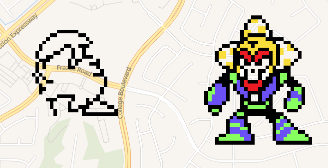 PinkieTheFool's tweet photo. So I was introduced to WPlace and I decided to partake in it by drawing Plantman from Megaman. While I was nearly done, someone decided to draw Crashman next to me. I was not expecting this, but it was a cool surprise. #wplace https://t.co/rF38bt0CFl