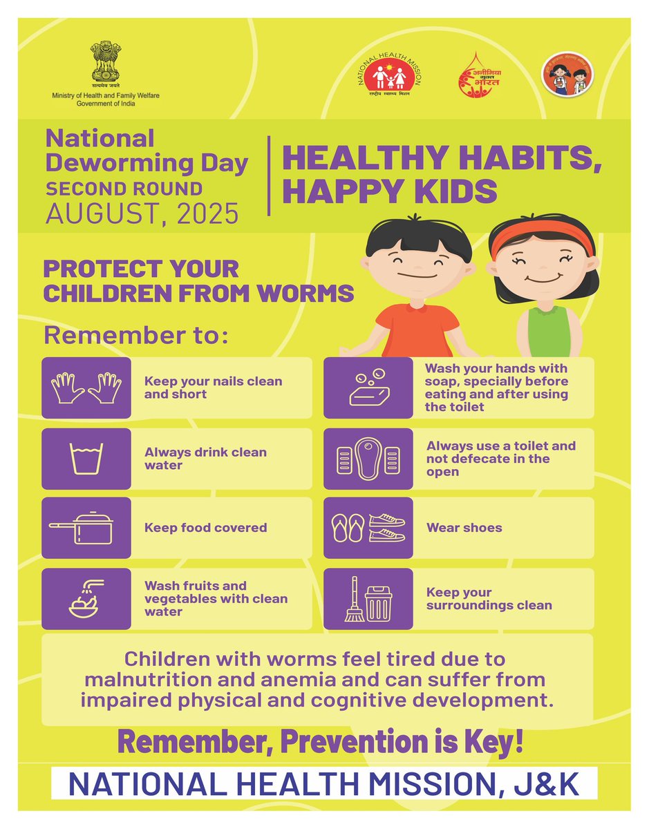 NHM, J&K (@nhmjk5) on Twitter photo On National Deworming Day, 11th August 2025, free deworming tablets will be provided to all children aged 1–19 years across schools and Anganwadi centres. Let’s fight parasitic infections—ensure every child gets their dose for a healthier future.<a href="/diprjk/">Information & PR, J&K</a> <a href="/MoHFW_INDIA/">Ministry of Health</a> On National Deworming Day, 11th August 2025, free deworming tablets will be provided to all children aged 1–19 years across schools and Anganwadi centres. Let’s fight parasitic infections—ensure every child gets their dose for a healthier future.<a href="/diprjk/">Information & PR, J&K</a> <a href="/MoHFW_INDIA/">Ministry of Health</a>